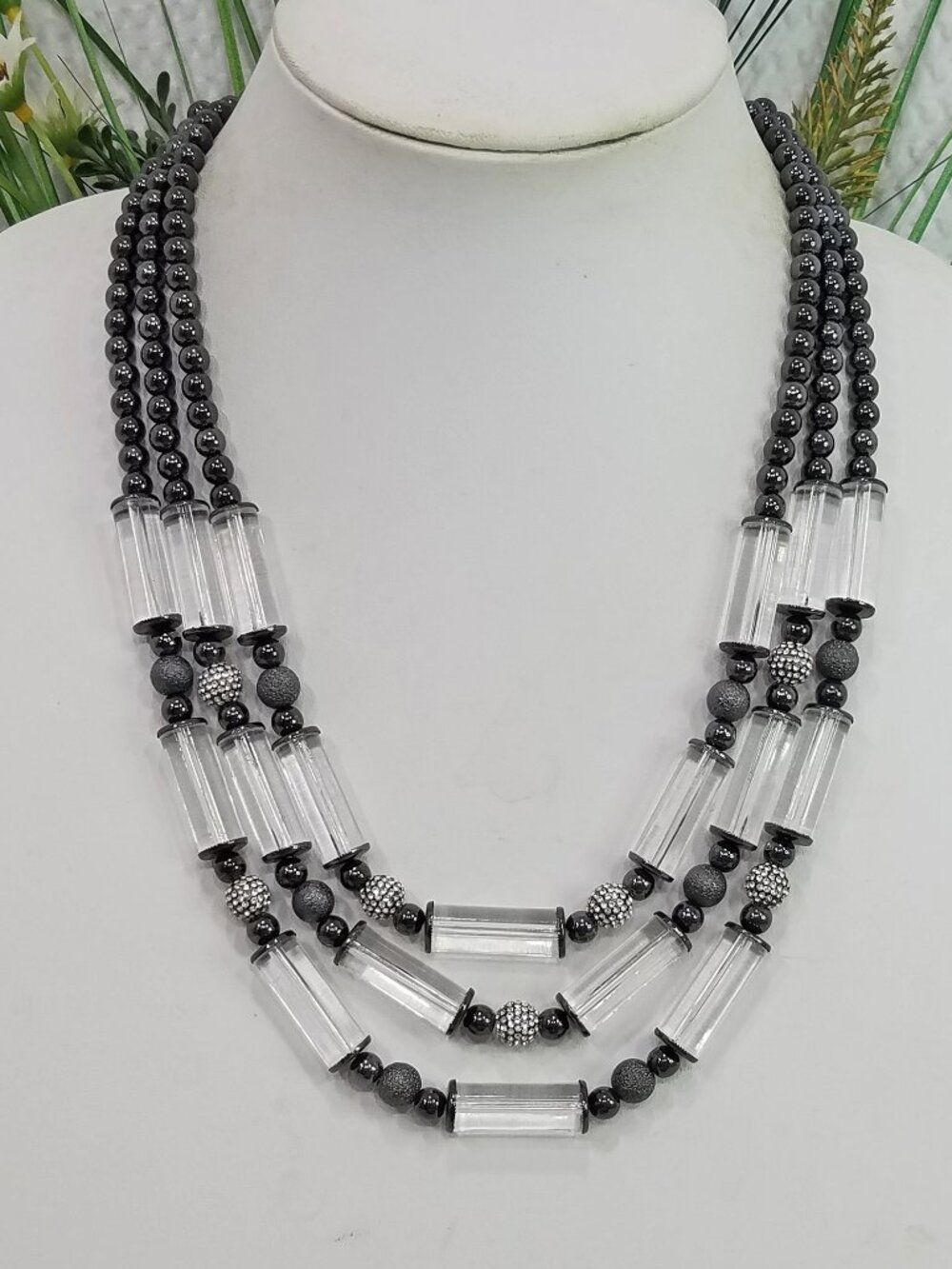 Signed Chico's Gunmetal & Clear Tubular Bead Multi Strand Choker Necklace